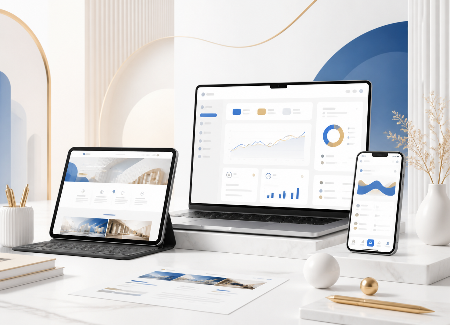 Premium layered website dashboard and mobile app mockup