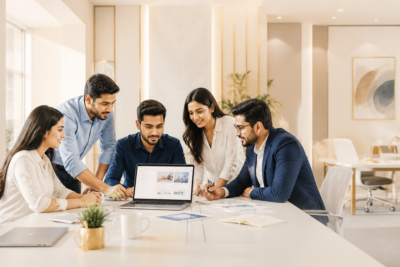 Advortex team collaborating in a bright premium workspace